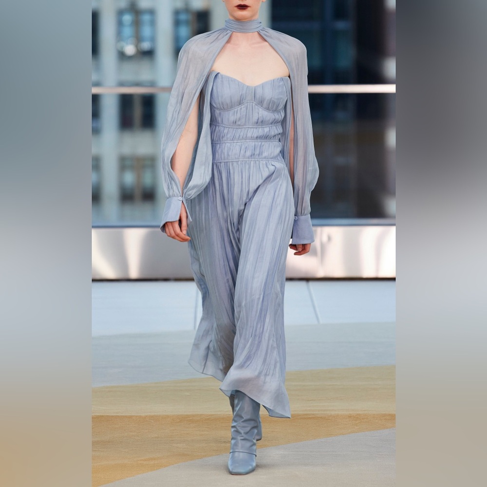 NWT $745 Jonathan Simkhai Jayana Pleated Midi Dress In Blue
